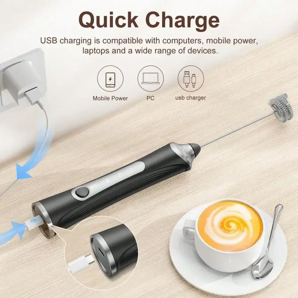 Rechargeable Milk Frother,3-Speed Electric Fast Handheld Drink Mixer with 3 Detachable Stainless Steel Whisk,Coffee Mixer Foamer