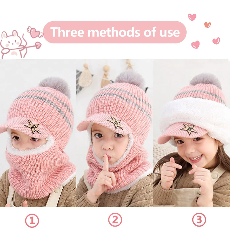 Winter Baby Children Cute Knitted Plush Scarf Hat Two-piece Double Fleece Warmth Boys Girls Soft Outdoor Windproof Hat Kids Hat