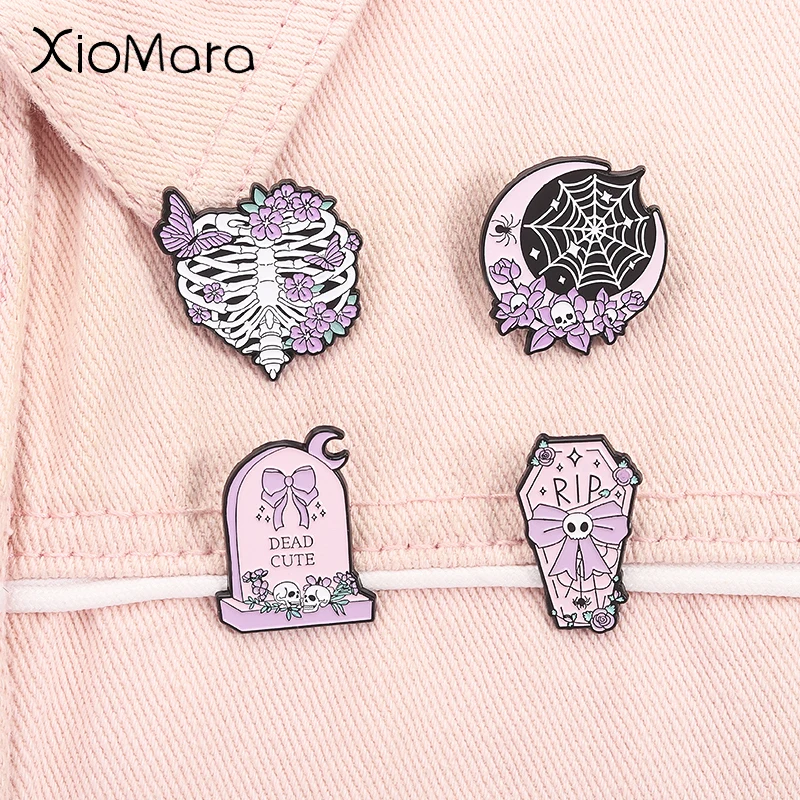 Halloween Coffin RIP Bowknot Enamel Pin Witchy Moon Spider Web Spooky Brooches Lapel Badge Jewelry Accessories Gifts for Friends