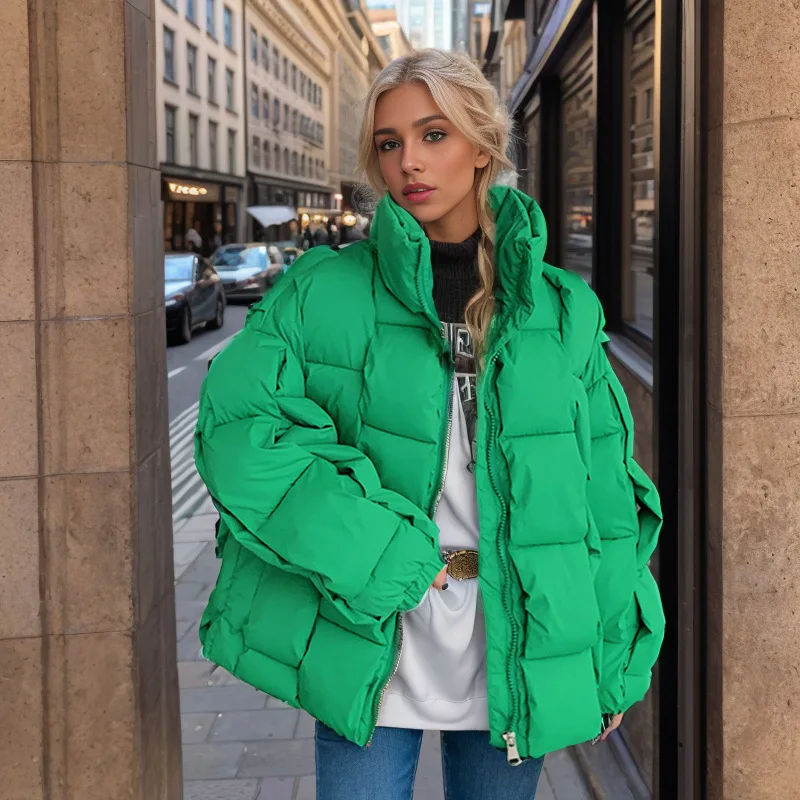 

Oversize Fashion Three-Dimensional Plaid Solid Color Down Cotton Jacket Women New Winter Stand Collar Warm Thick Bread Coat s733