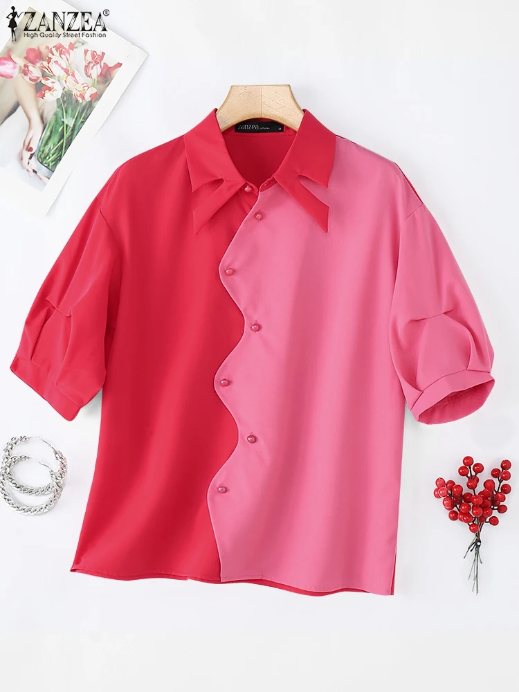

Fashion Shirts ZANZEA Women Short Sleeve Color Patchwork Tunic Tops 2025 Summer Buttons Lapel Neck Casual Blouse Korean Clothing