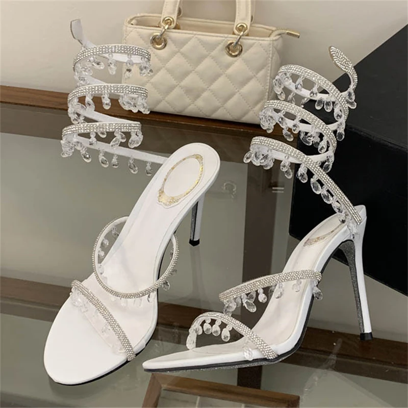 Eilyken Sexy Design Anhänger Kristall Diamant Dünne High Heels Damen Sandalen Street Style Knöchelriemen Bankett Abschlussball Schuhe