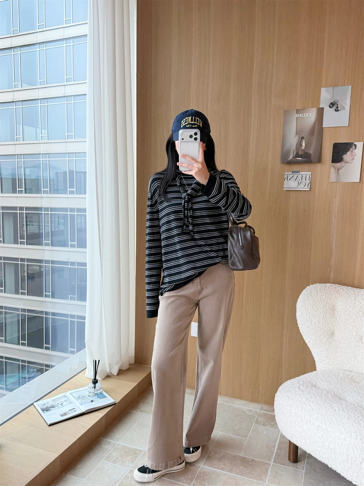 

Полосатый трикотажный комплект из двух предметов: футболка с длинным рукавом и круглым вырезом и шарф в морском стиле, повседневный свободный крой, для женщин