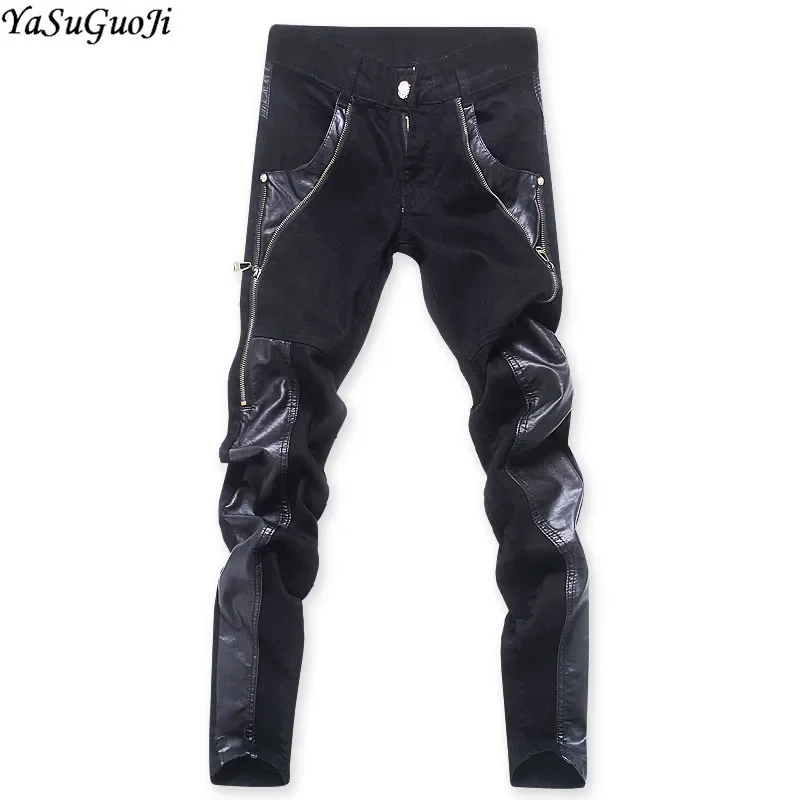 YASUGUOJI New 2024 Punk Style Fashion Slim Fit Pu Leather Patchwork Long Zipper Desgin Skinny Jeans Men Party Wear Pants Men