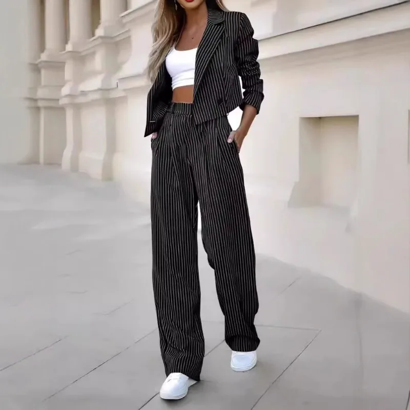 

Женский темпераментный повседневный полосатый укороченный костюм с лацканами, брючный костюм с прямыми штанинами, 2026, внешняя торговля в Европе и Америке