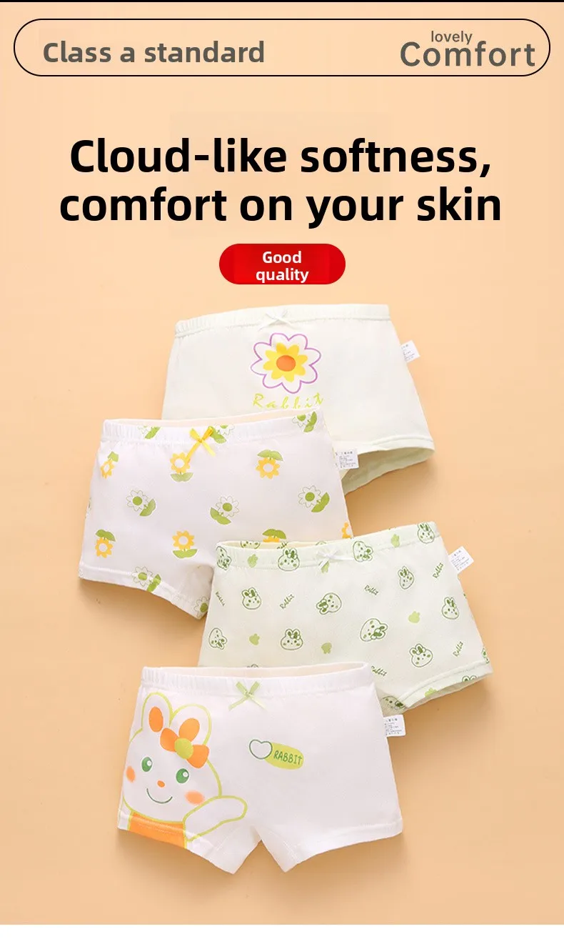 4er-Pack 7A Antibakterielle Mädchen-Baumwoll-Boxershorts mit Cartoon-Print, atmungsaktive Unterwäsche für große Kinder, kein Hochrutschen, kein Reiben – Detail 1