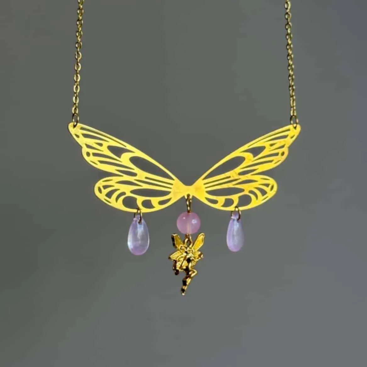 

Fairy Wings Necklace,Bohemian jewelry,light purple water drop,butterfly,brass,gift,carved wings,Mystery,magic,Choker For Women