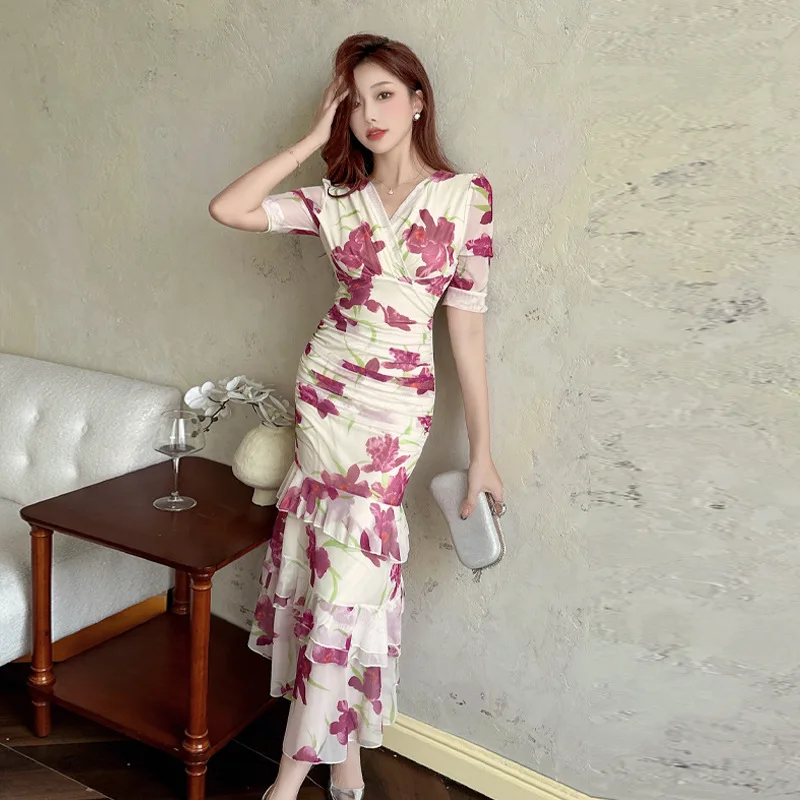 Francês retro rosa floral assimétrico com decote em v babados malha em camadas bodycon vestido para mulher elegante magro ruched sereia maxi saia