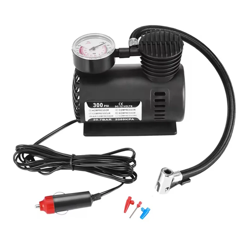 

High-Pressure 12V Air Compressor For Cars, Bicycles, Motorcycles, Kayaks - Small Tire Inflator With 3 Needles