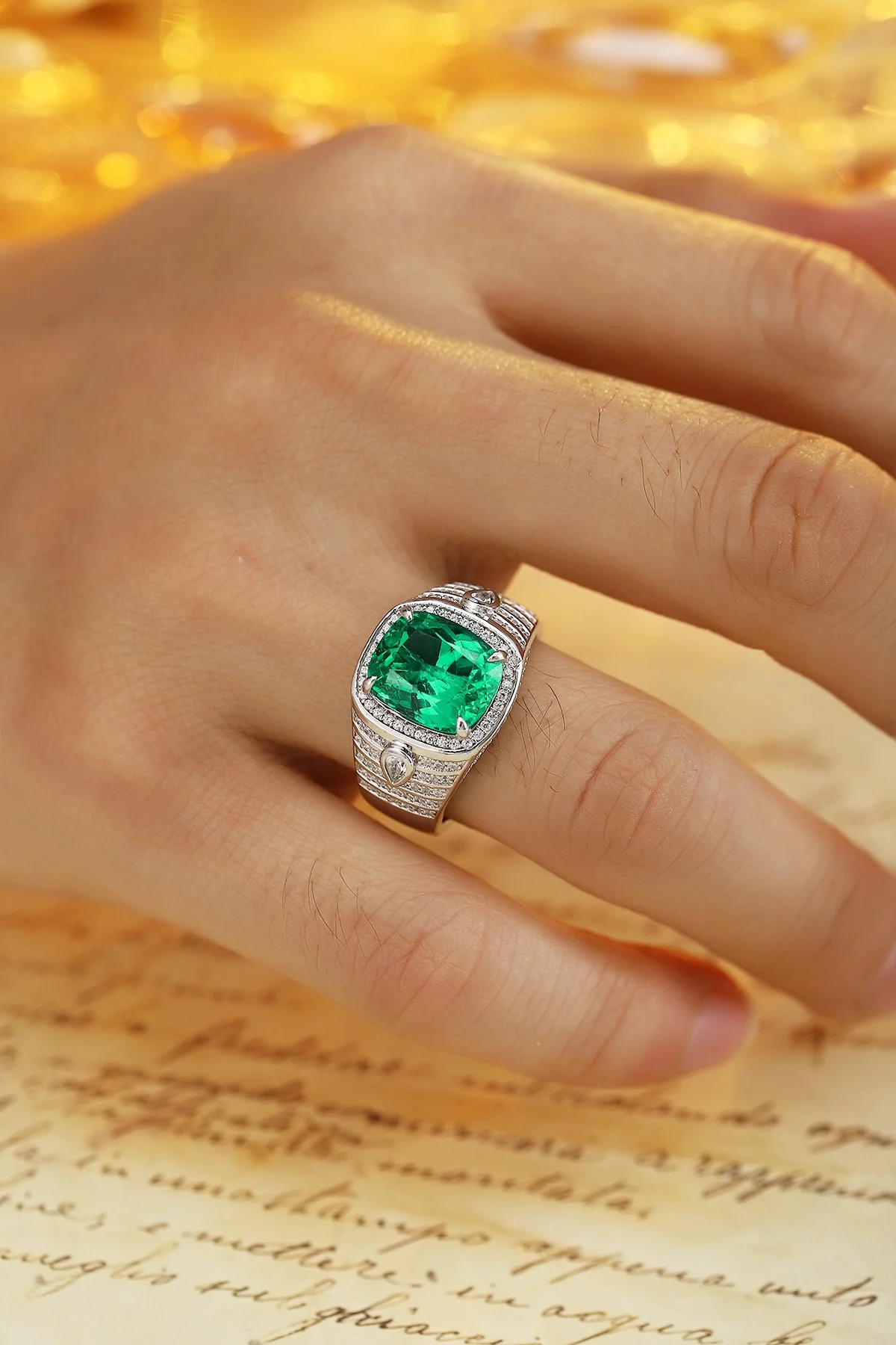 Anillo de Esmeralda para Hombre, Anillos de Compromiso de Plata Esterlina 925, Esmeralda Cultivada en Laboratorio, Anillos Unisex, No se Oxida, No Causa Alergias