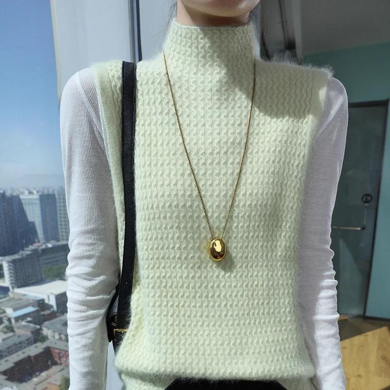 Style académique 100% vison cachemire gilet pull pull col montant sans manches tricots basique élégant femme vêtements hauts