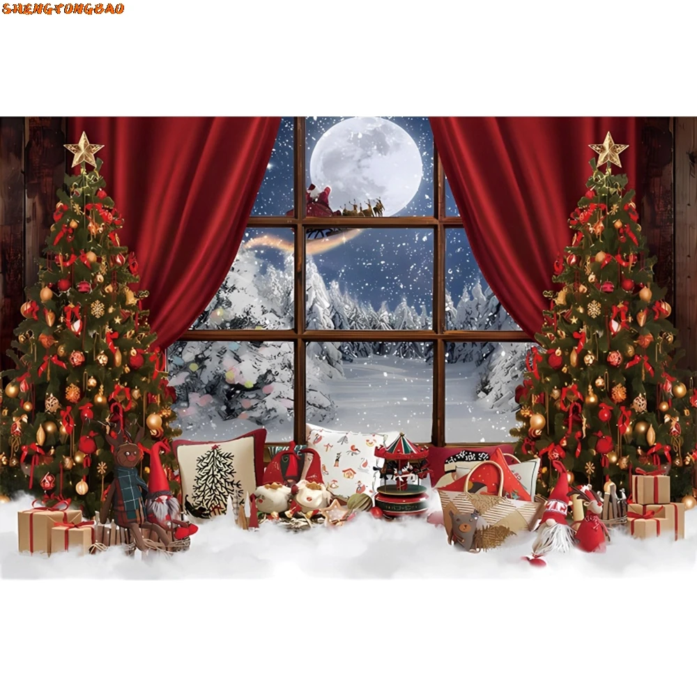 Boże Narodzenie Photocall Tło Choinka Okno Kominek Dziecko Rodzina Portret Fotografia Tła Dekoracja Dla Photo Studio