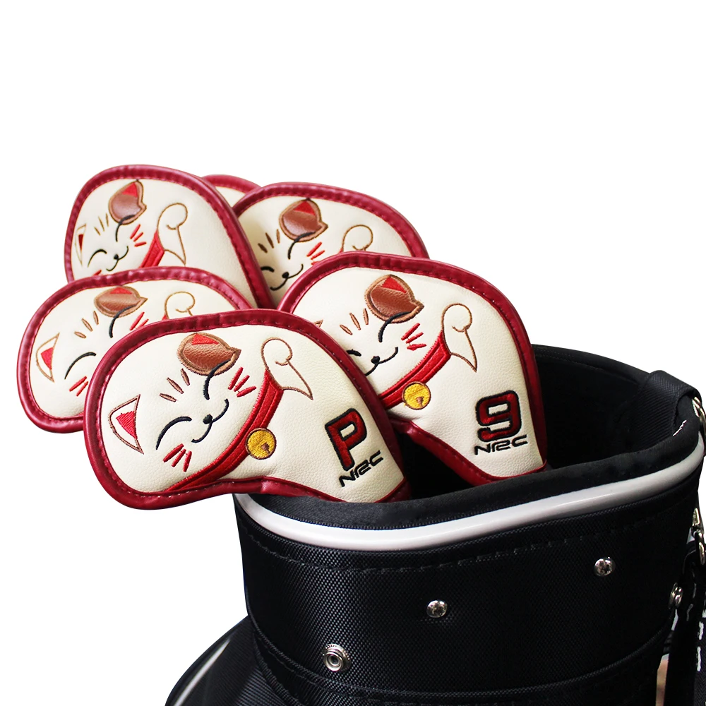 9 Pcs/Set Golf Iron Covers Cute Cat Style PU Leather Waterproof Golf Headcover Protector for Iron Sand Wedge Clubs