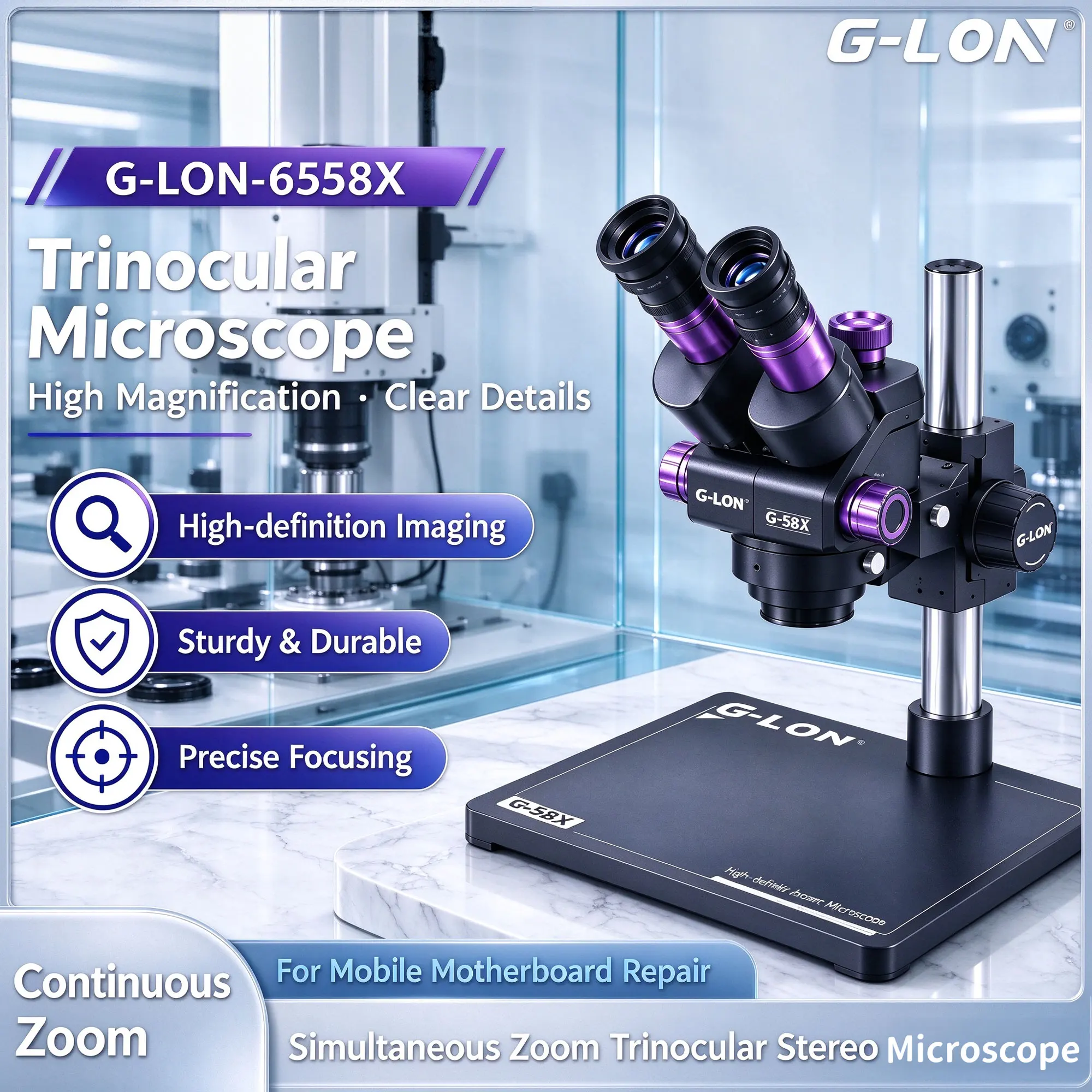 G-LON 6558X synchronous zoom three eye stereo microscope 6.5-58X, mobile phone PCB board welding and flying wire maintenance
