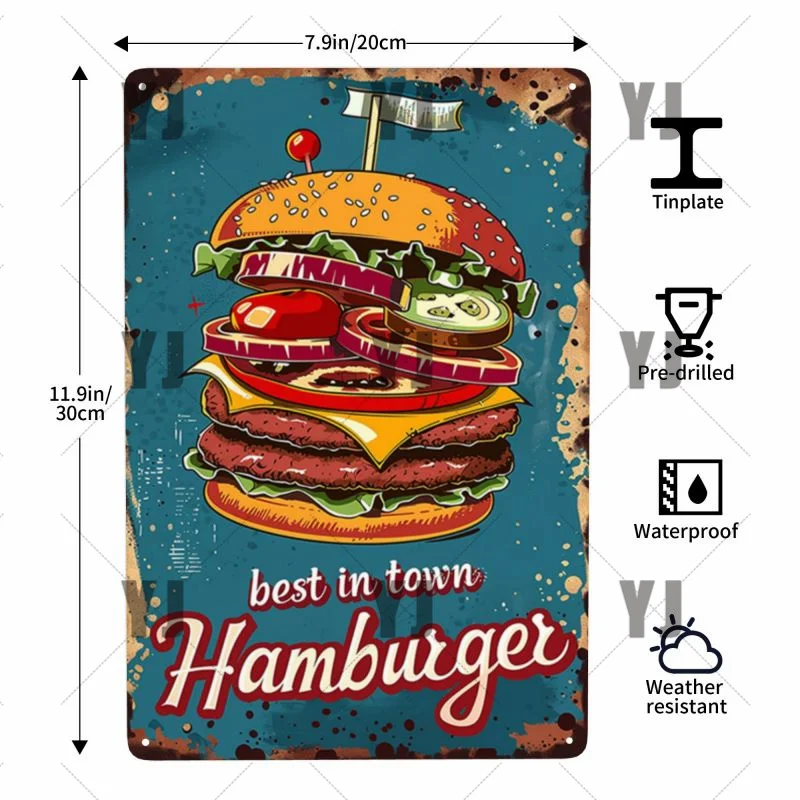 Retro segno Fast Food metallo piastra di ferro Hot Dog Burger Poster cucina Cafe ristorante parete decorativa