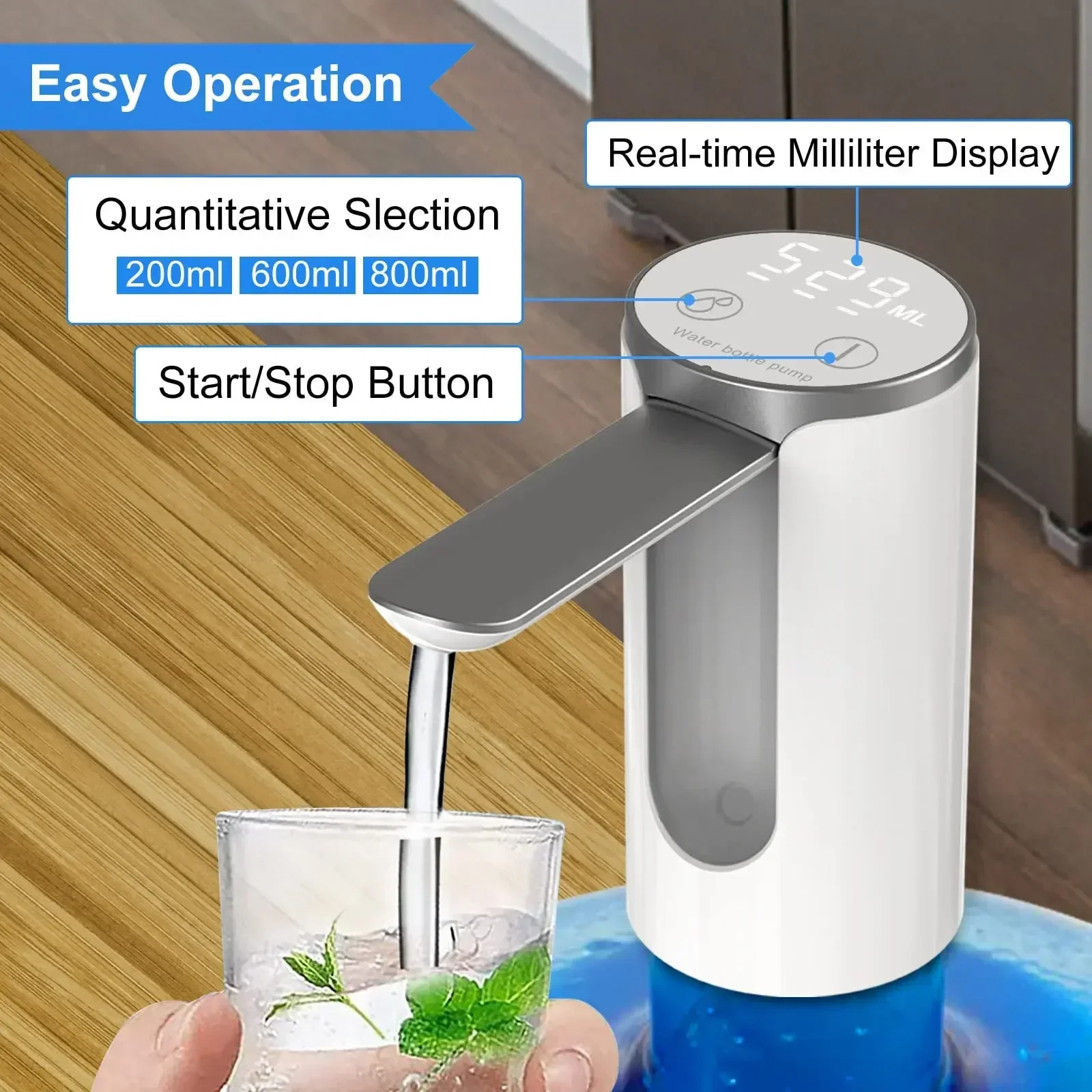 LED Display Water Dispenser, Touch Button 3 Quantitative Settings Drinking Water Pump, Type C Charging Foldable Water Dispenser