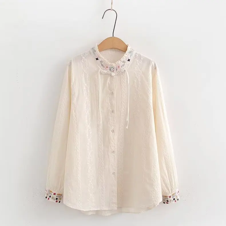 Japanese Sweet Mori Girl Floral Embroidery Shirt Women Spring Autumn Stand Collar Long Sleeve Slim Cotton Blouse Tops White