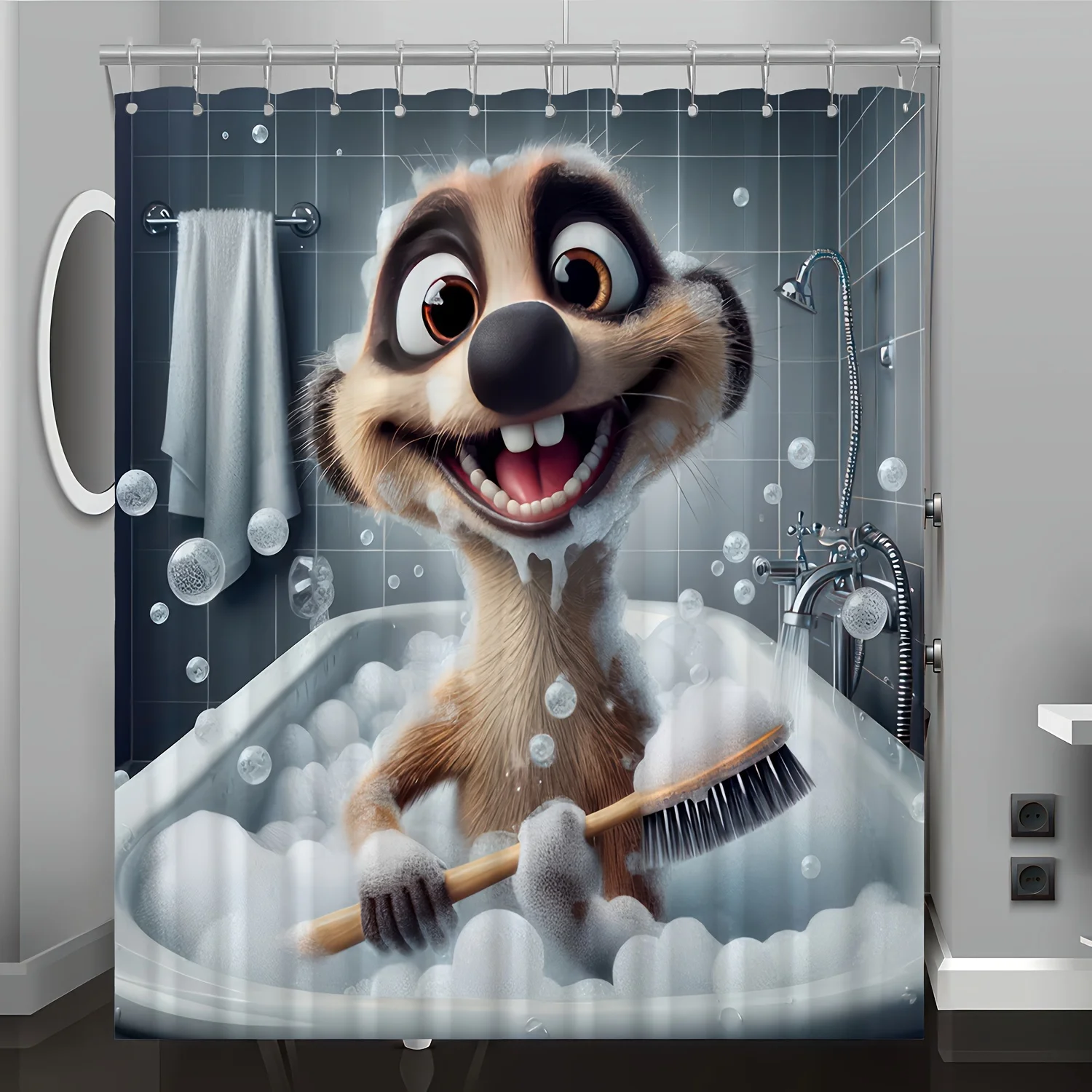 Cute Cat & Ferret Shower Curtain - Cartoon Digital Print,  Machine Washable, Reversible Four-Season Polyester, Bathroom Decor