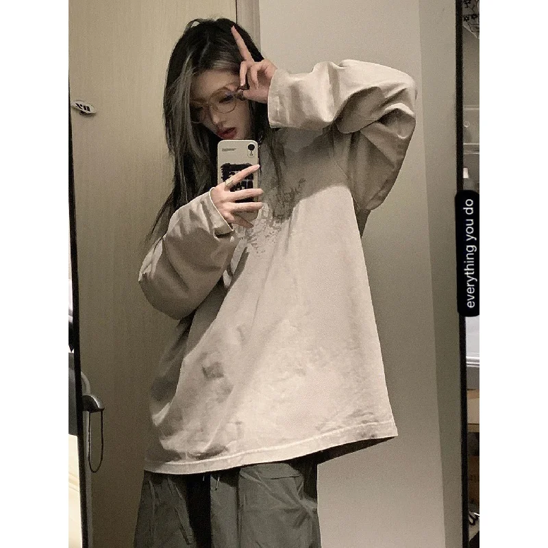 Summer Harajuku Khaki Long Sleeve Tshirts Women Y2k Vintage Print Tees 90s Streetwear Graphic T Shirts Girls Oversize Loose Tops