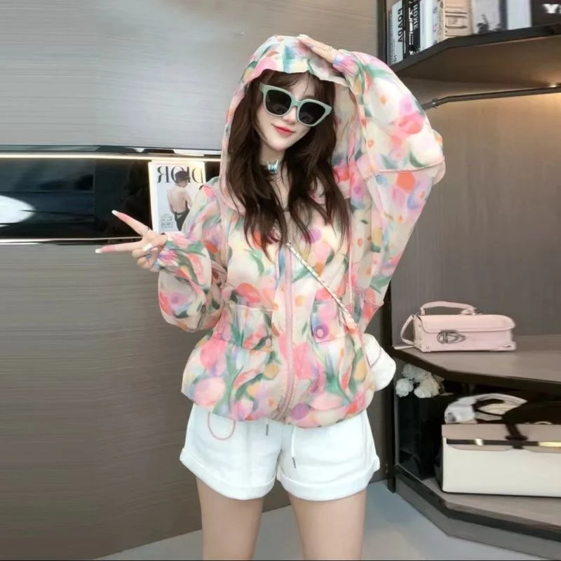 Sweet Senior Thin Style Breathable Sunscreen Printing Tulip Fresh Loose Fitting Versatile Women's Hooded Jacket Summer 2024