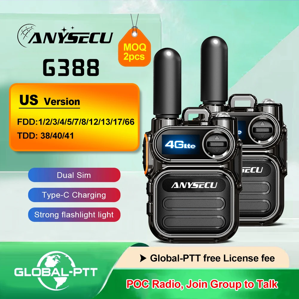 2PCS ANYSECU G388 4G Network Radio RTOS System GLOBAL-PTT Type-c Charging POC Walkie Talkie