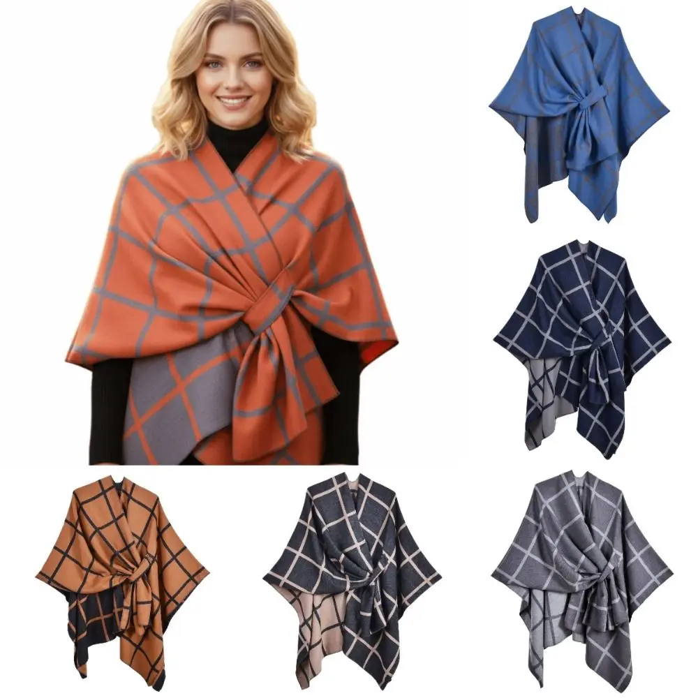 Warm Coat Plaid Design Travel Shawl Open Front Solid Color Poncho Wrap Vintage Style Thick Blanket Cardigan Shawl Fall Winter view 4