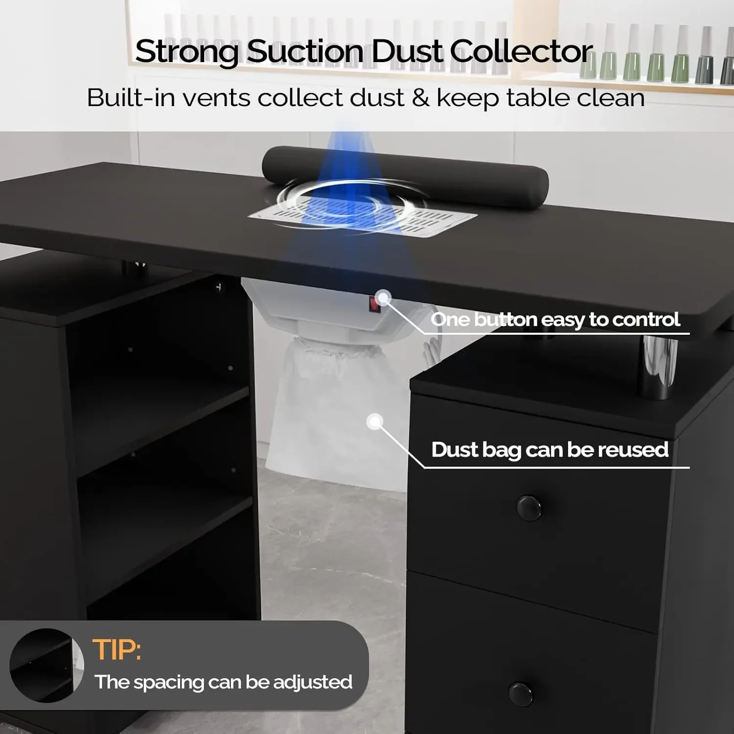 Manicure Table Nail Desk for Nail Tech, Nail Table Beauty Salon Tech Station w/Electric Downdraft Vent, Lockable Wheels