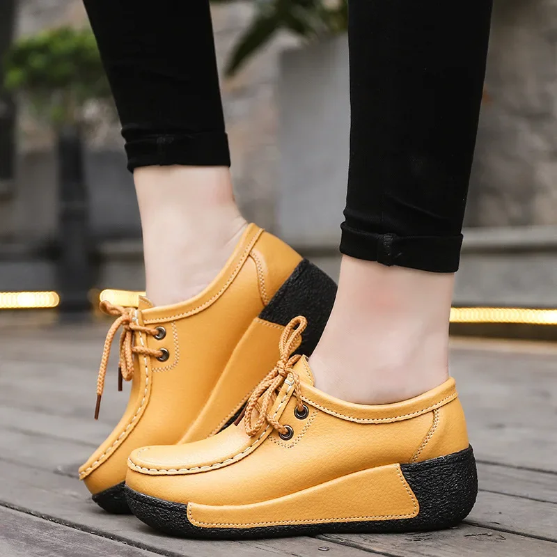 2019 Spring Women Platform Sneakers Shoes Ladies Genuine Leather Lace Up Flats Women Thick Heel Platform Flats Women Shoes