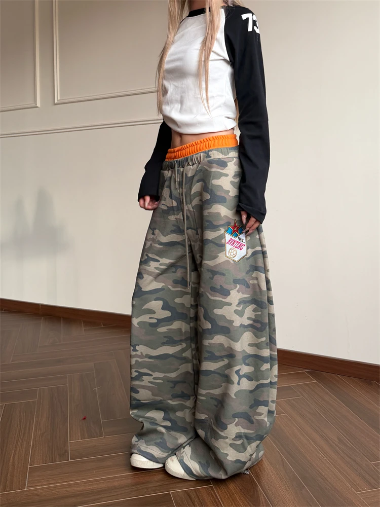 Women's Retro Camouflage Hip-Hop Sweatpants Street Unisex Bottoms Cool Girl High Waisted Pants Female Wide Leg Trousers