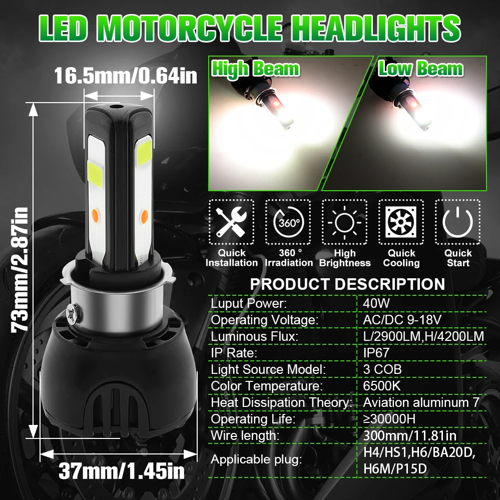 H4 Motorcycle LED Bulb,40W BA20D LED Healight Bulb High-Low Beam Kis Red Light DRLs DC9-18V.