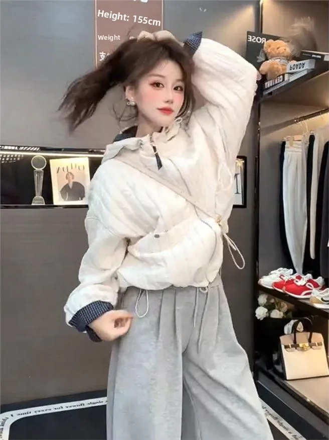 Korean Style Minimalist Hooded Spliced Lightweight Cotton Jacket Women's Autumn Winter New Fashion Versatile Small Size Top