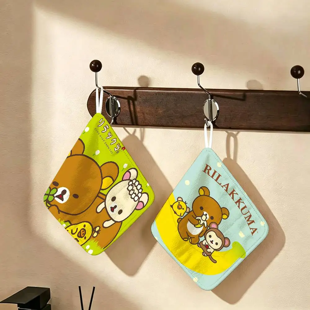 Character Rilakkuma Polyester Cotton Hanging Kitchen Towel, Absorbent Hand Wiping Cloth for Daily Cleaning Drying