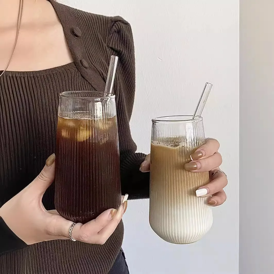 500Ml Simple Stripe Glass Cup Wine Coffee Drinking Glassware Glass Cup Water Whiskey Beer Cocktail Coffee Milk Glasses Bar Tool