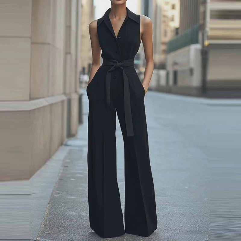 

Temperament Tie-Up Solid Color Party Jumpsuit Elegant Sleeveless Pocket Straight Playsuit Fashion Lapel Button Waist Long Romper