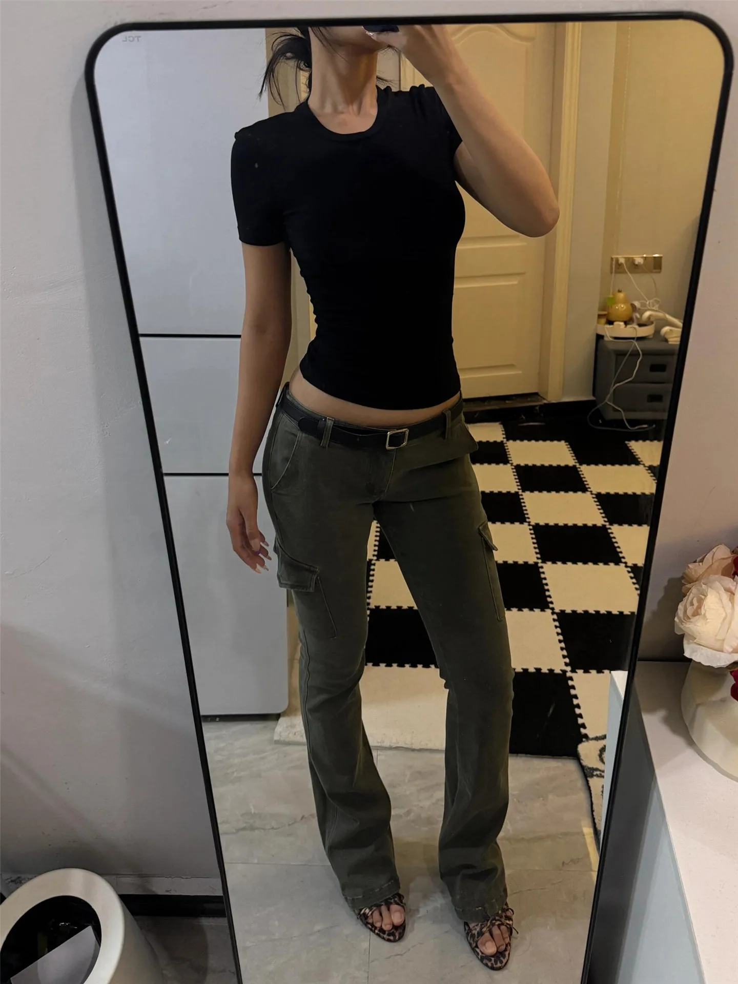 Pantalones Vaqueros Retro Americanos de Cintura Alta con Corte de Campana, Color Verde Militar, para Mujer, Ajustados, de Verano, con Múltiples Bolsillos, Ropa de Trabajo
