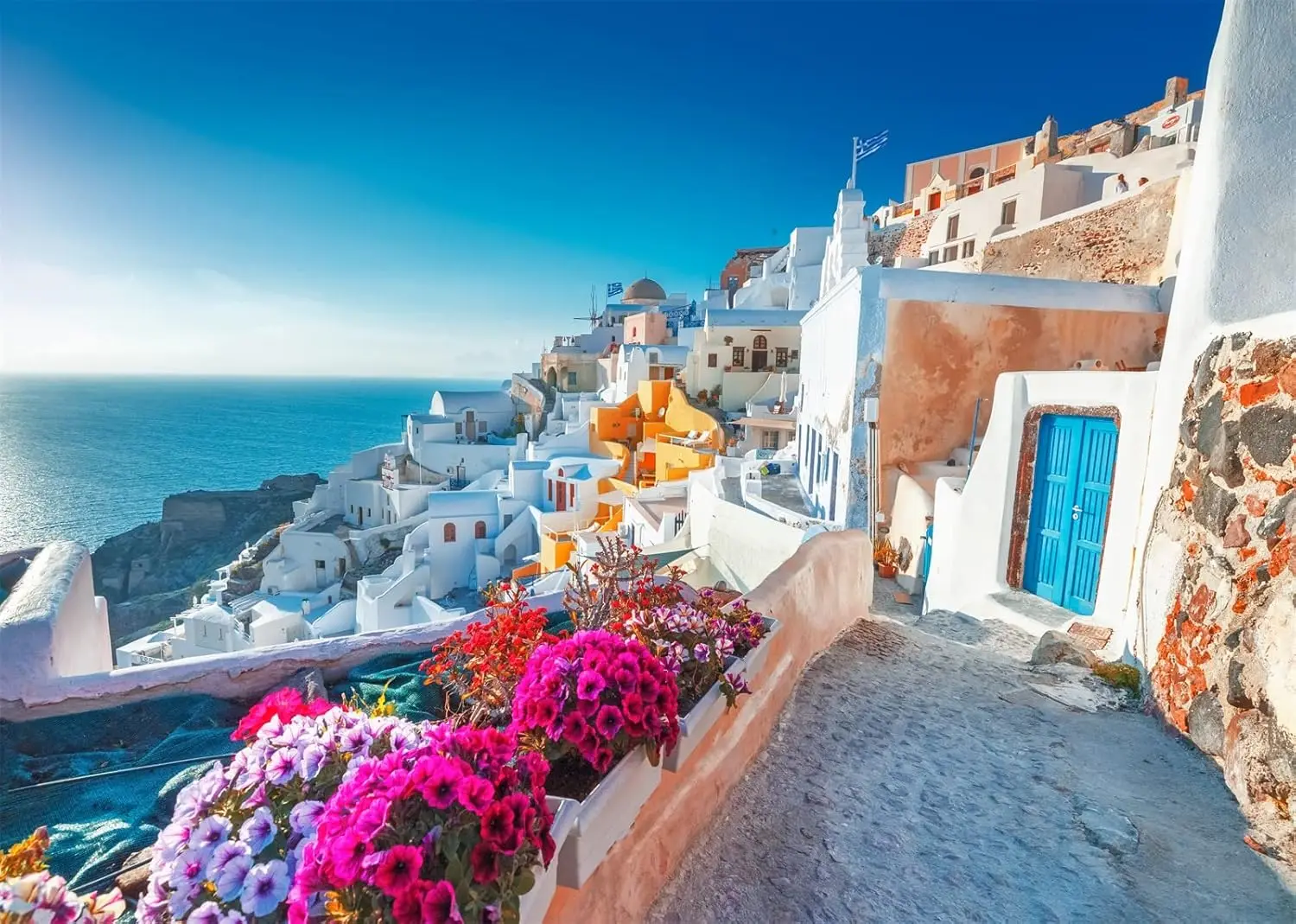 Greece Santorini Island Backdrop Blue Aegean Sea Landscape Blossom Flowers scenery photo background photography backdrop studio