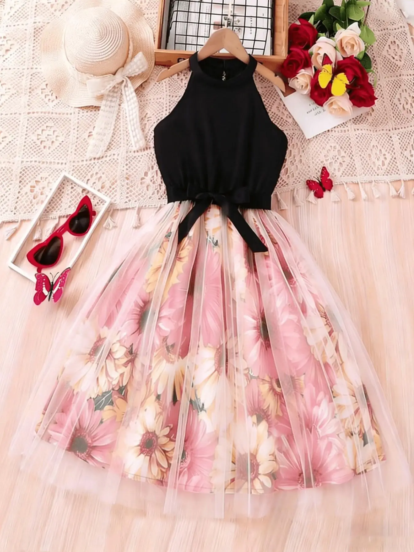Girls Boho Romantic Style Halter Neck Dress Sleeveless Bodice Floral Print Tulle Skirt Perfect for Summer Beach Holidays