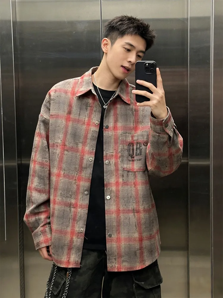 

Men's Long Sleeve Tie Dye Plaid Shirt Casual Style Spring Autumn High Collar Outerwear Fashionable Layering American Style Coat