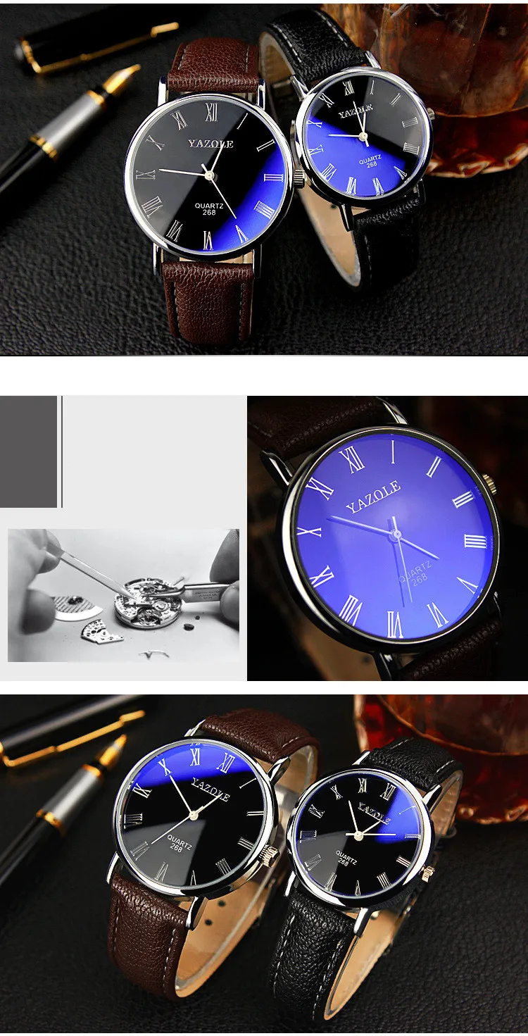 YAZOLE Men Watches Roman Numerals Blu-Ray Faux Leather Band Analog Quartz Watch Fashion Business Men\'s Wrist Watch Reloj Hombre