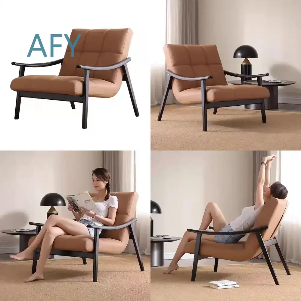 Nordic Single Sofa Chair for Ash Wood Armrest Finn Chair for Living Room Light Luxury Design First Layer Cowhide Leisure