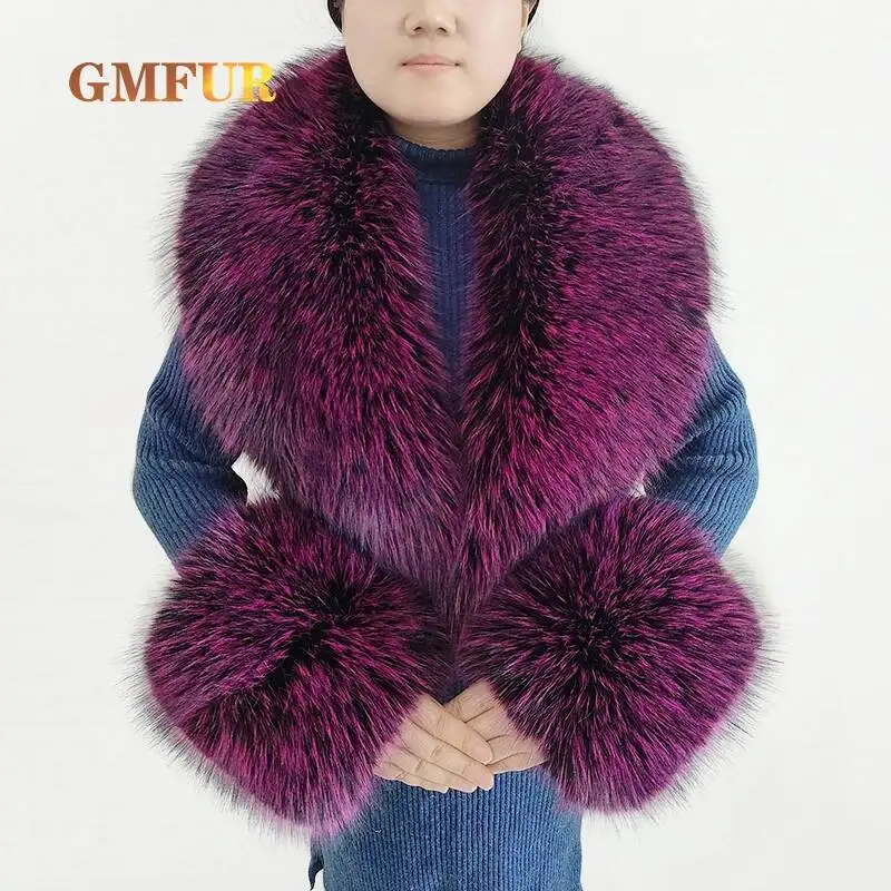 

Зимний шарф из искусственного лисьего меха, женские куртки, теплая пушистая большая шаль, модный комплект с воротником из искусственного меха и манжетами, пушистые женские шарфы