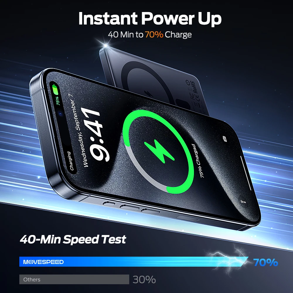 MOVESPEED-S10スリム磁気パワーバンク,ポータブル充電器,ワイヤレス外部バッテリー,iPhone 16,samsung,10000mah,pd20w用