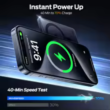 Tela de smartphone mostrando animação de carregamento rápido sem fio de 70% em 40 minutos com o power bank Movespeed.