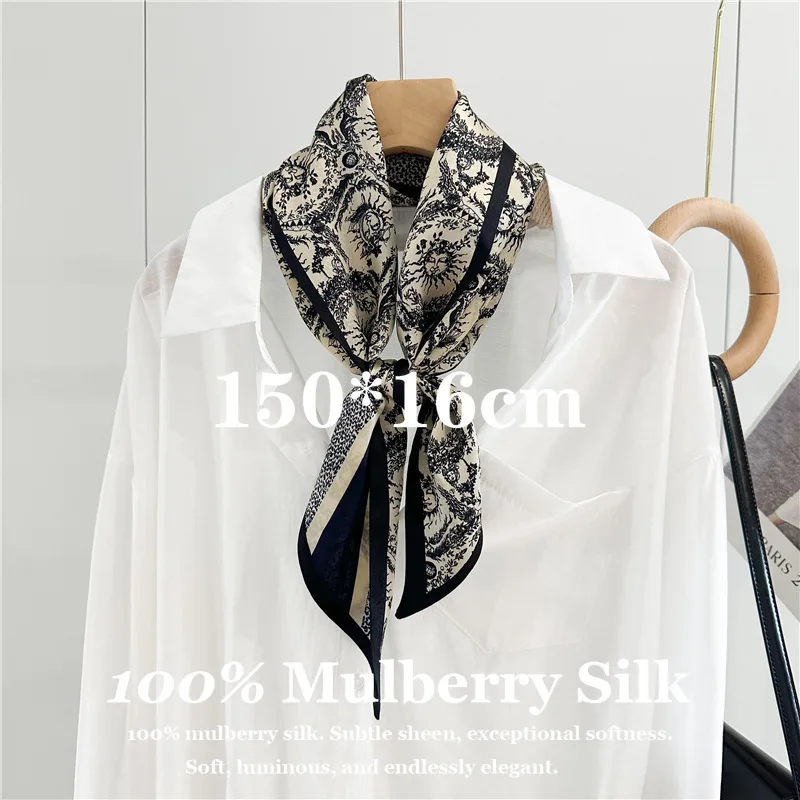 

100% Real Mulberry Silk Neckerchief Wrist Scarf Long 150x16cm Hair Decoration Women Soft Smooth Breathable Brand Designer Hijab
