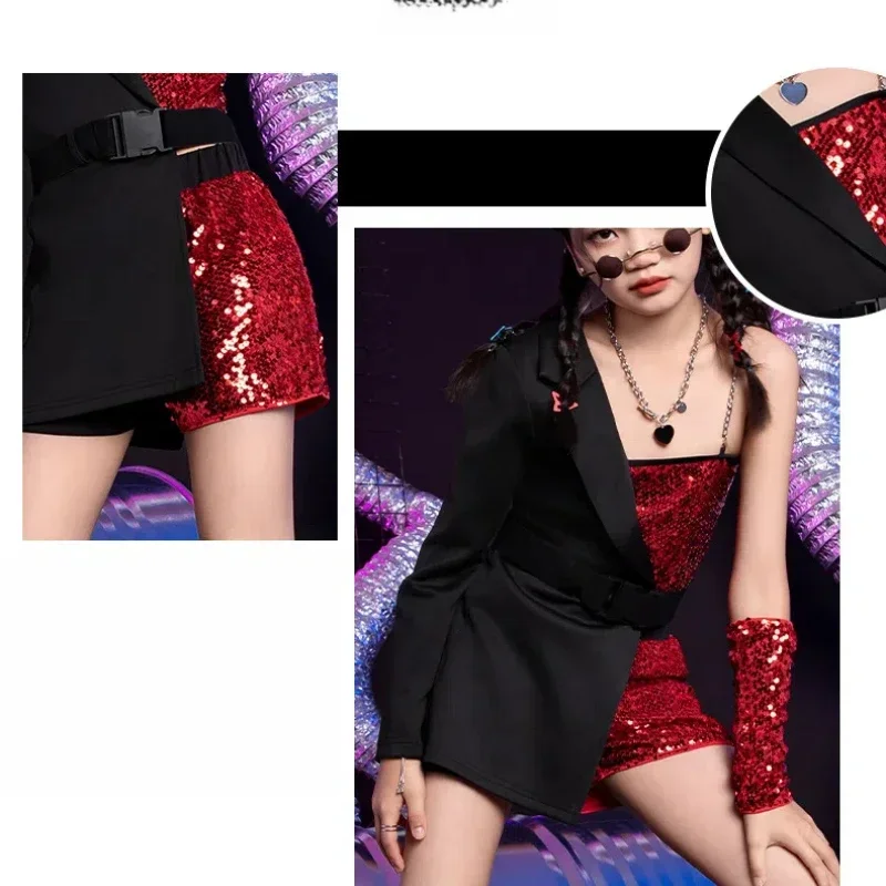Mädchen-Pailletten-Jazz-Tanzkostüm-Set, trendiges Street-Dance-Bühnenoutfit für Kinder, geeignet für Wettbewerbe und Auftritte, stylische Jazz-Tanzkleidung. – Detail 8