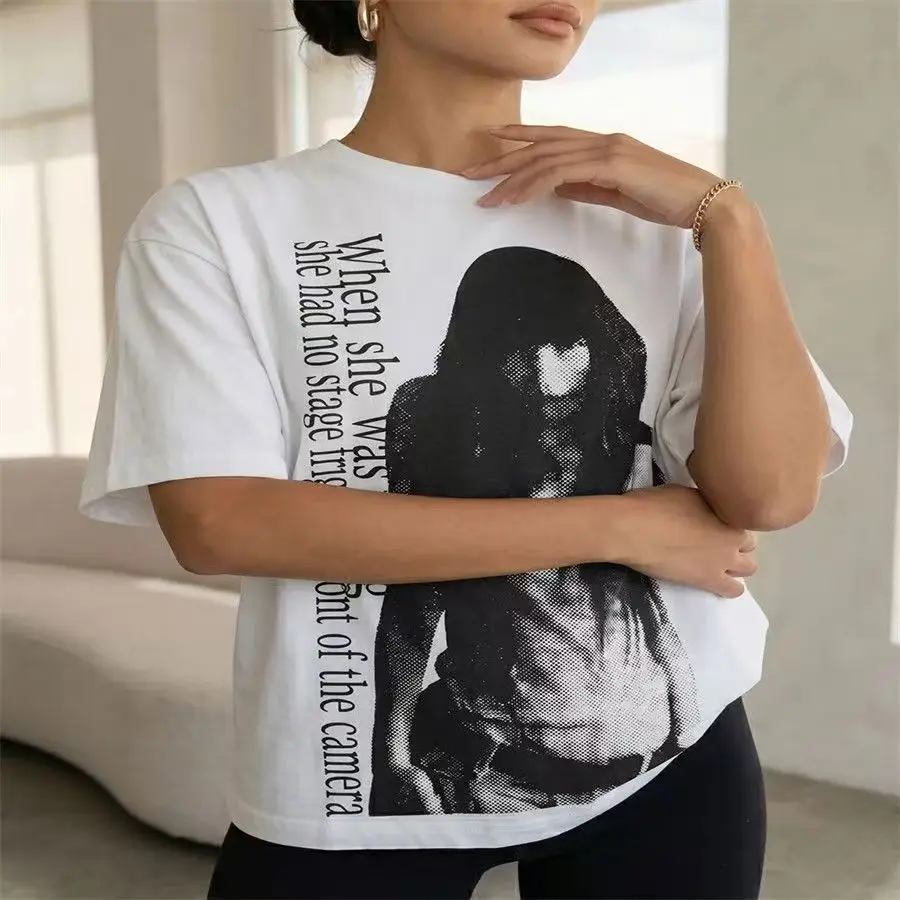 Vintage Portrait Print Oversized T Shirt Woman White Cotton T-Shirt 90s Grunge Retro Aesthetic Streetwear Women Festival Punk