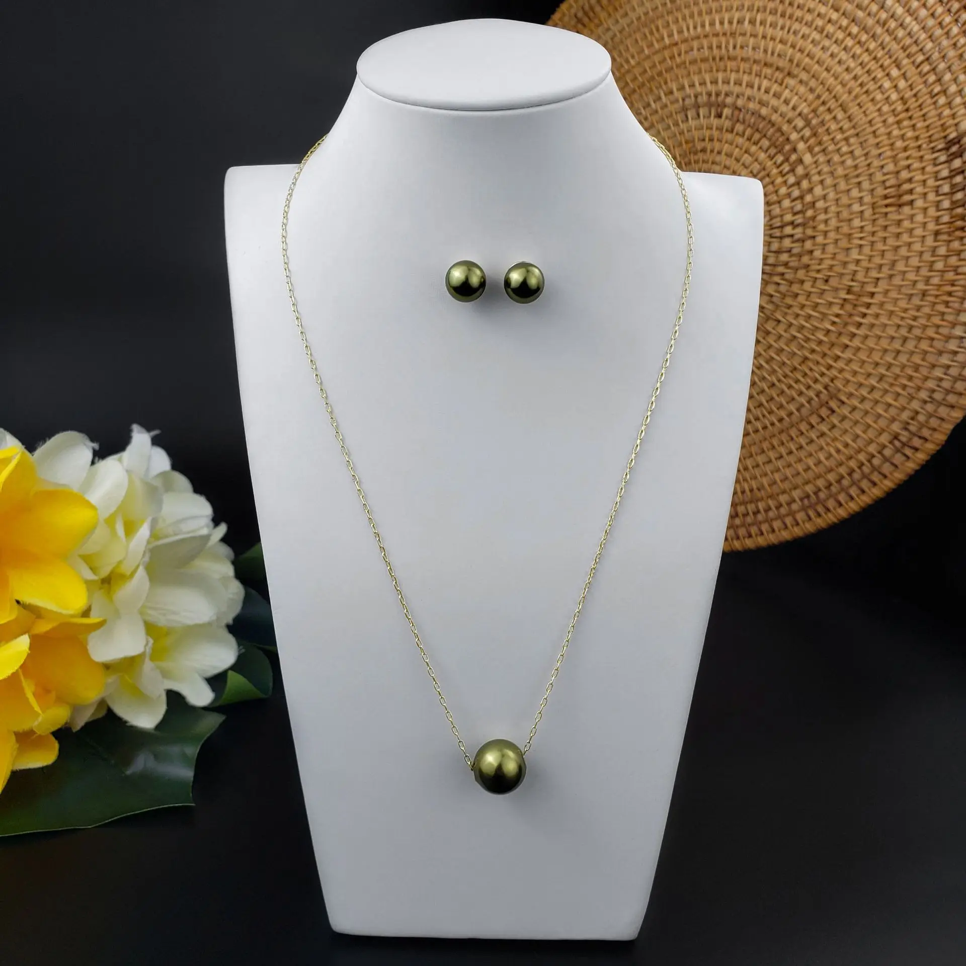 Dainty One Round Floating Mother of Pearl Necklace Earring Jewelry Set Handmade Hawaii Polynesian Bridesmaid Gift