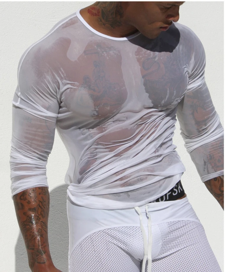 Mens Sexy Transparent T-shirt Sheer See Through Mesh Long Sleeve T shirt Tops Undershirt Fitness Tight Black/White Lounge Tees