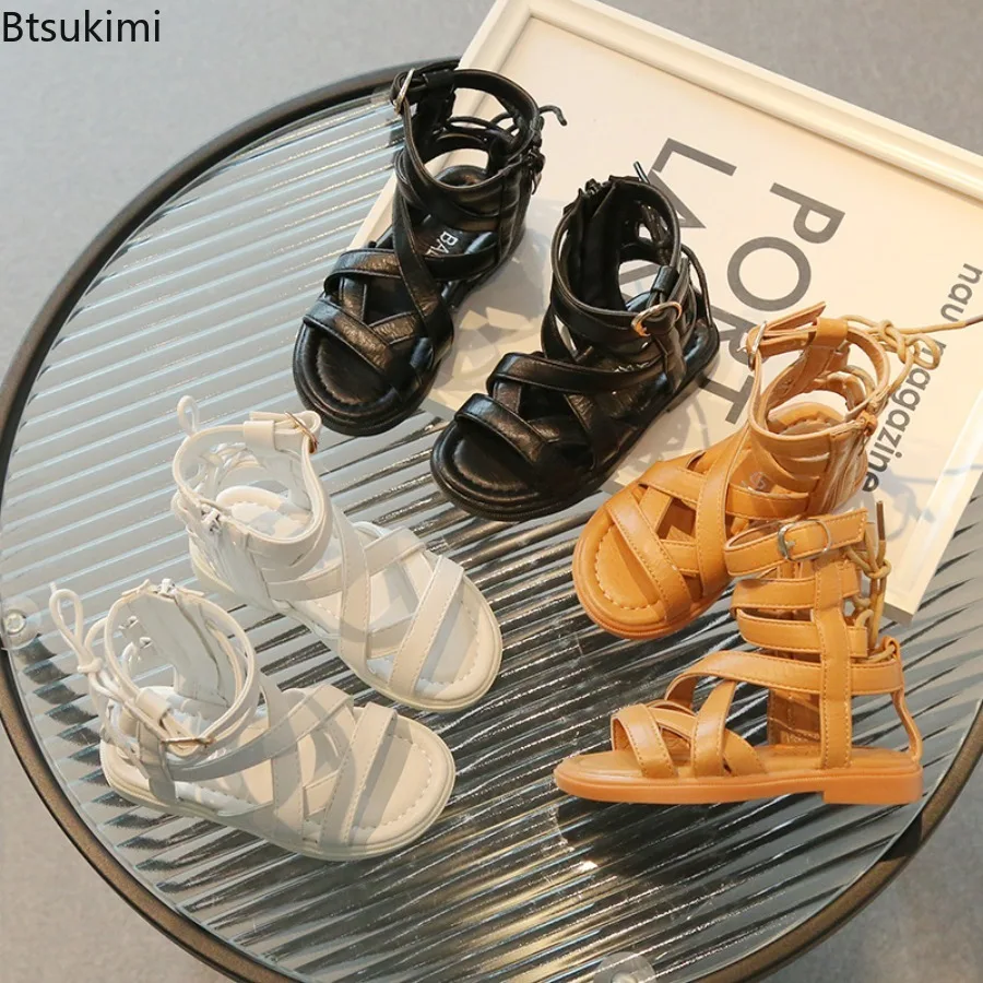 Girls' Roman Shoes Summer New Fashionable Solid Color Soft Bottom Princess Sandals High Barrel Open Toed Casual Versatile Shoes