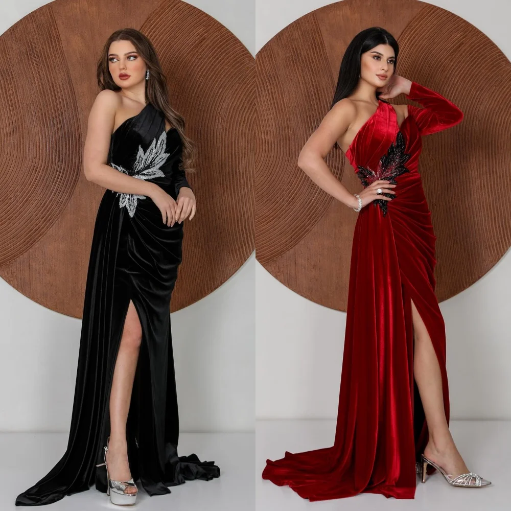 

Elegant One-shoulder A-line Sweep/Brush Applique Velour Formal Occasion Gown party dress women elegant luxury платье женское